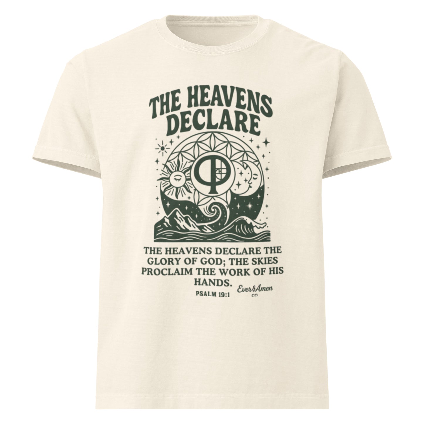 Oversized unisex Christian graphic tee with the phrase “The Heavens Declare,” inspired by Psalm 19:1 and the golden ratio. Soft, faith-based shirt perfect for modern Christian streetwear, church, or everyday wear. Designed by Ever & Amen Co.