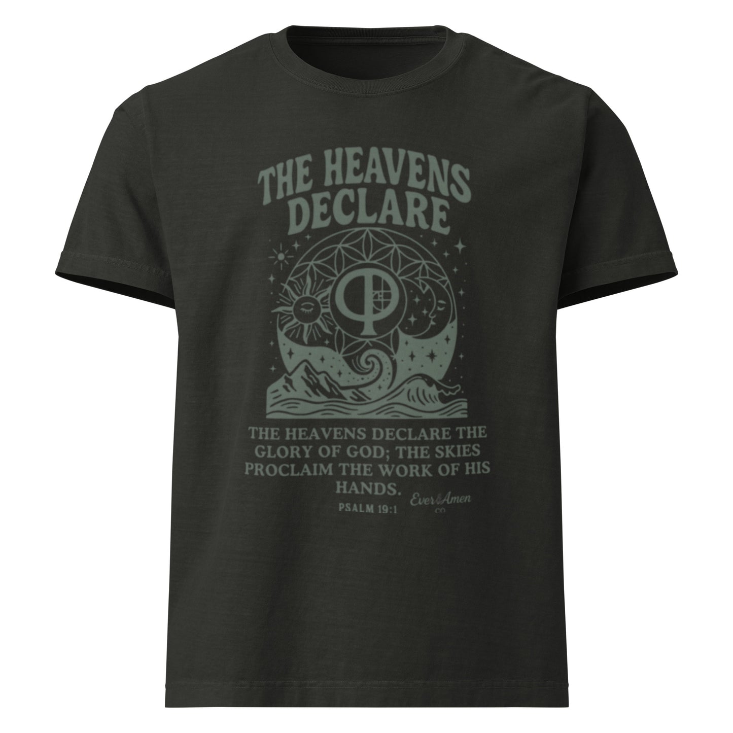 Oversized unisex Christian graphic tee with the phrase “The Heavens Declare,” inspired by Psalm 19:1 and the golden ratio. Soft, faith-based shirt perfect for modern Christian streetwear, church, or everyday wear. Designed by Ever & Amen Co.