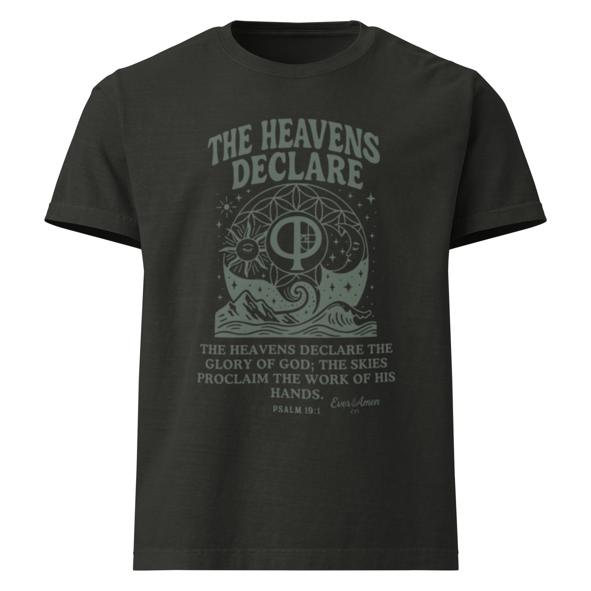 Oversized unisex Christian graphic tee with the phrase “The Heavens Declare,” inspired by Psalm 19:1 and the golden ratio. Soft, faith-based shirt perfect for modern Christian streetwear, church, or everyday wear. Designed by Ever & Amen Co.
