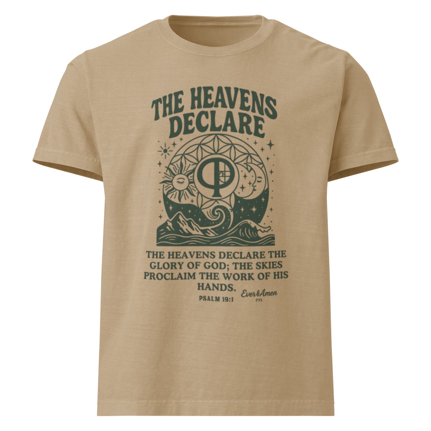 Oversized unisex Christian graphic tee with the phrase “The Heavens Declare,” inspired by Psalm 19:1 and the golden ratio. Soft, faith-based shirt perfect for modern Christian streetwear, church, or everyday wear. Designed by Ever & Amen Co.