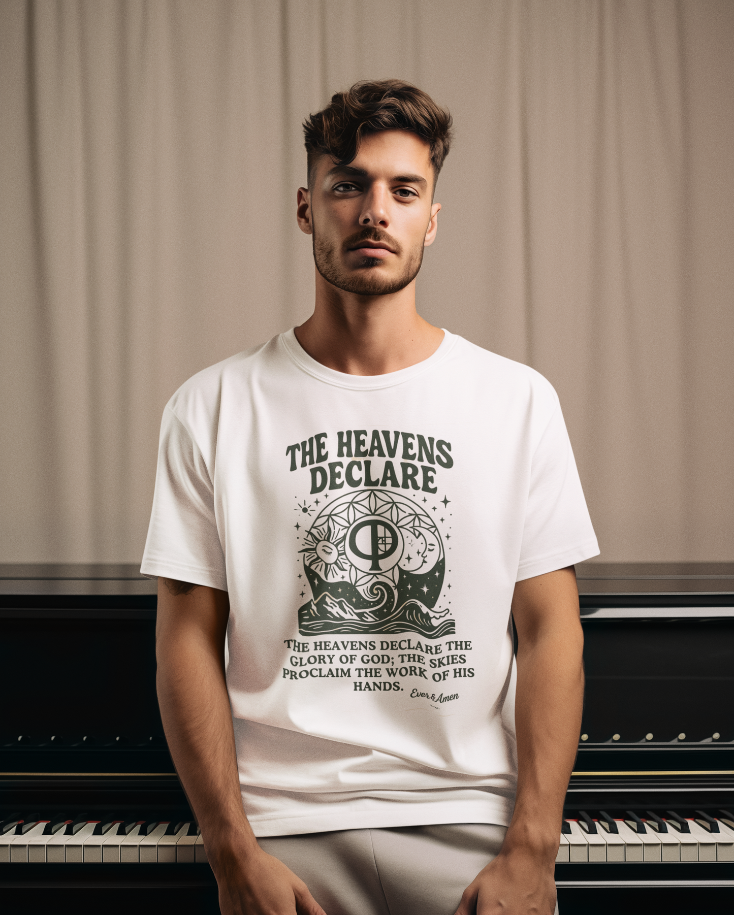 Oversized unisex Christian graphic tee with the phrase “The Heavens Declare,” inspired by Psalm 19:1 and the golden ratio. Soft, faith-based shirt perfect for modern Christian streetwear, church, or everyday wear. Designed by Ever & Amen Co.