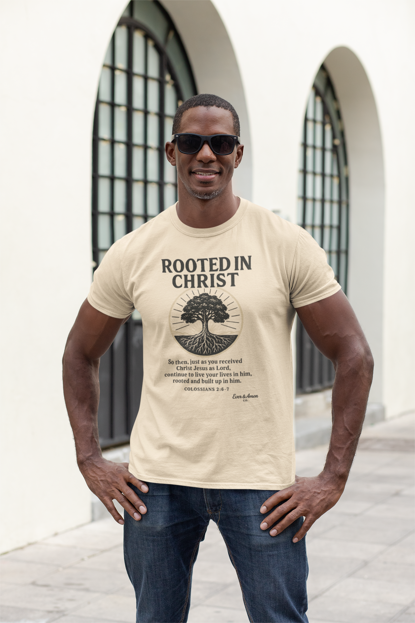 Show your faith with the Men’s “Rooted in Christ” Tee. A bold, comfortable Christian graphic shirt perfect for church, Bible study, or everyday wear. Designed by Ever & Amen Co.