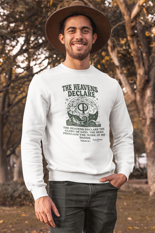 Unisex Christian crew neck sweatshirt with the phrase “The Heavens Declare,” inspired by Psalm 19:1 and the golden ratio. Soft, faith-based sweatshirt perfect for church, Bible study, or everyday wear. Designed by Ever & Amen Co