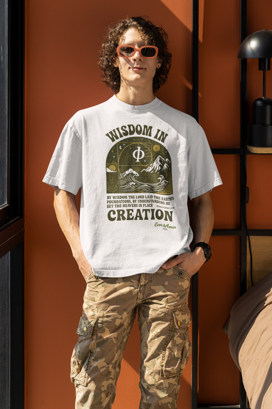 Oversized unisex Christian tee featuring sacred geometry and Proverbs 3:19, symbolizing God’s wisdom in creation