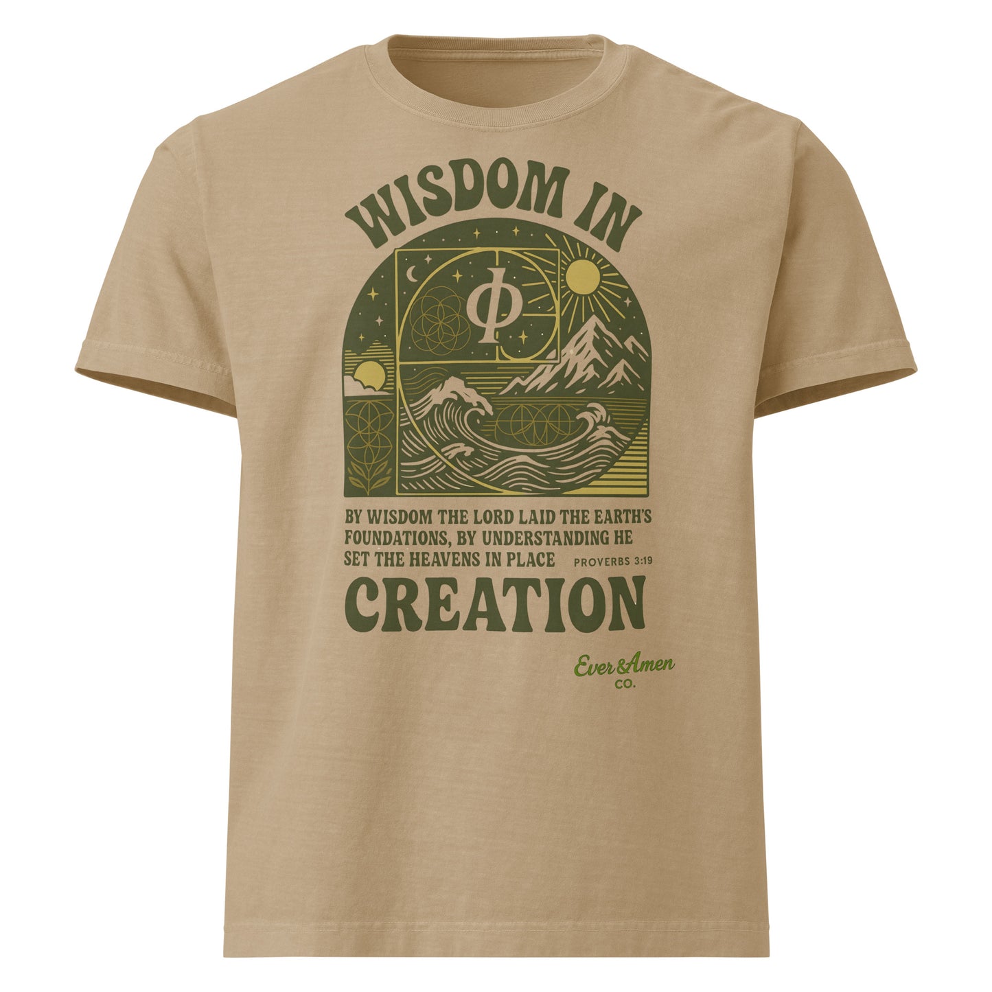 Proverbs 3:19 “Wisdom in Creation” tee with sacred design elements. Oversized fit for modern Christian style.