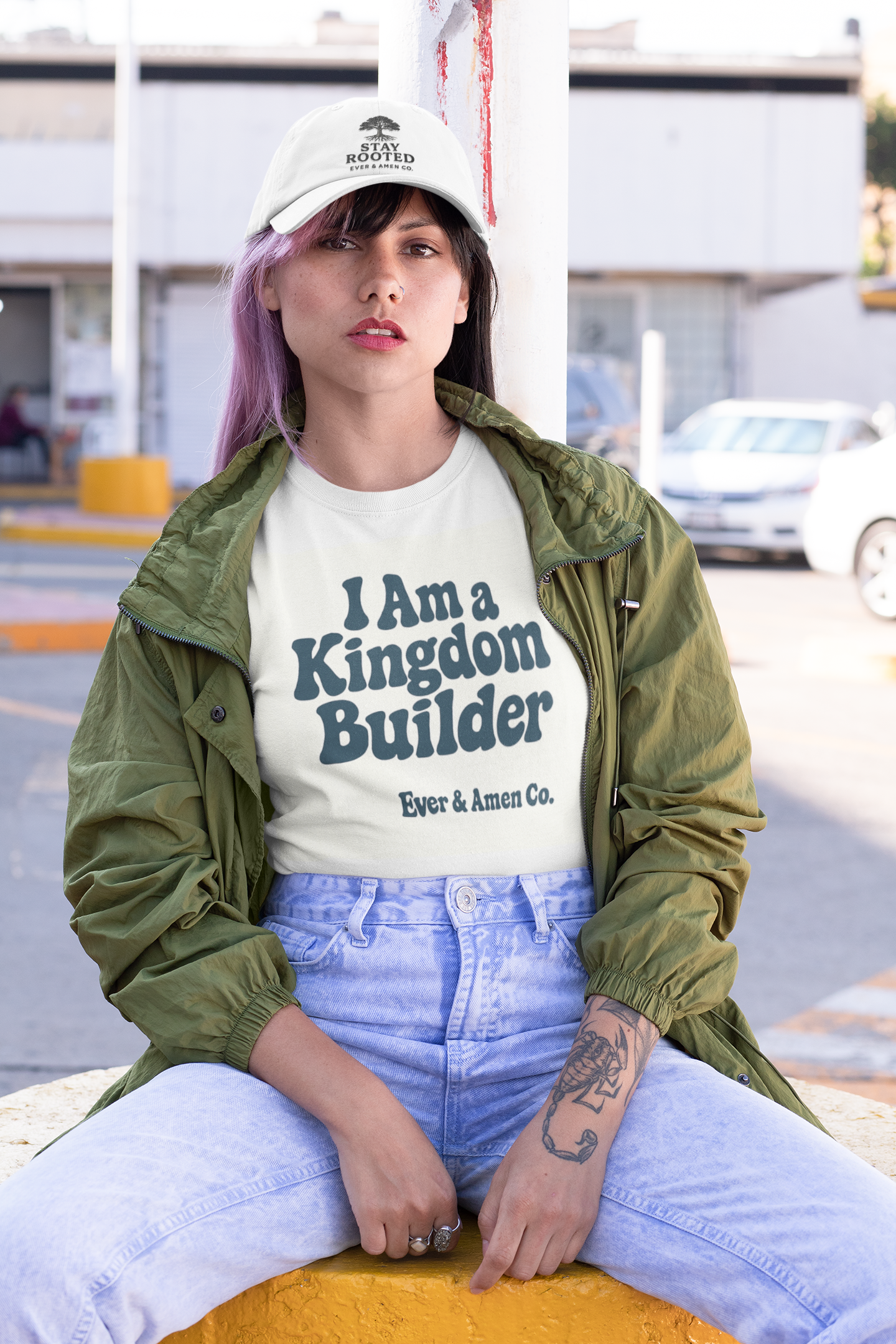 Women’s Christian graphic tee with the phrase “I Am a Kingdom Builder.” Bold and empowering faith-based shirt designed to inspire confidence and purpose. Perfect for church, ministry, or everyday wear. Created by Ever & Amen Co.