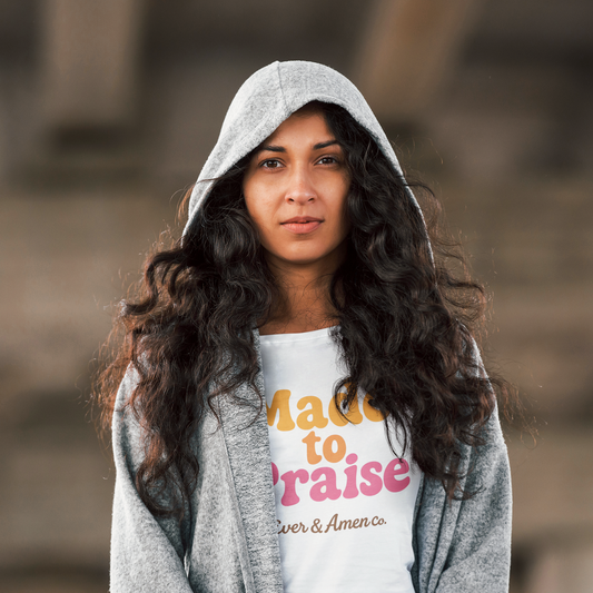 Christian graphic tee for women featuring “Made to Praise” message. Faith-inspired design by Ever & Amen Co.