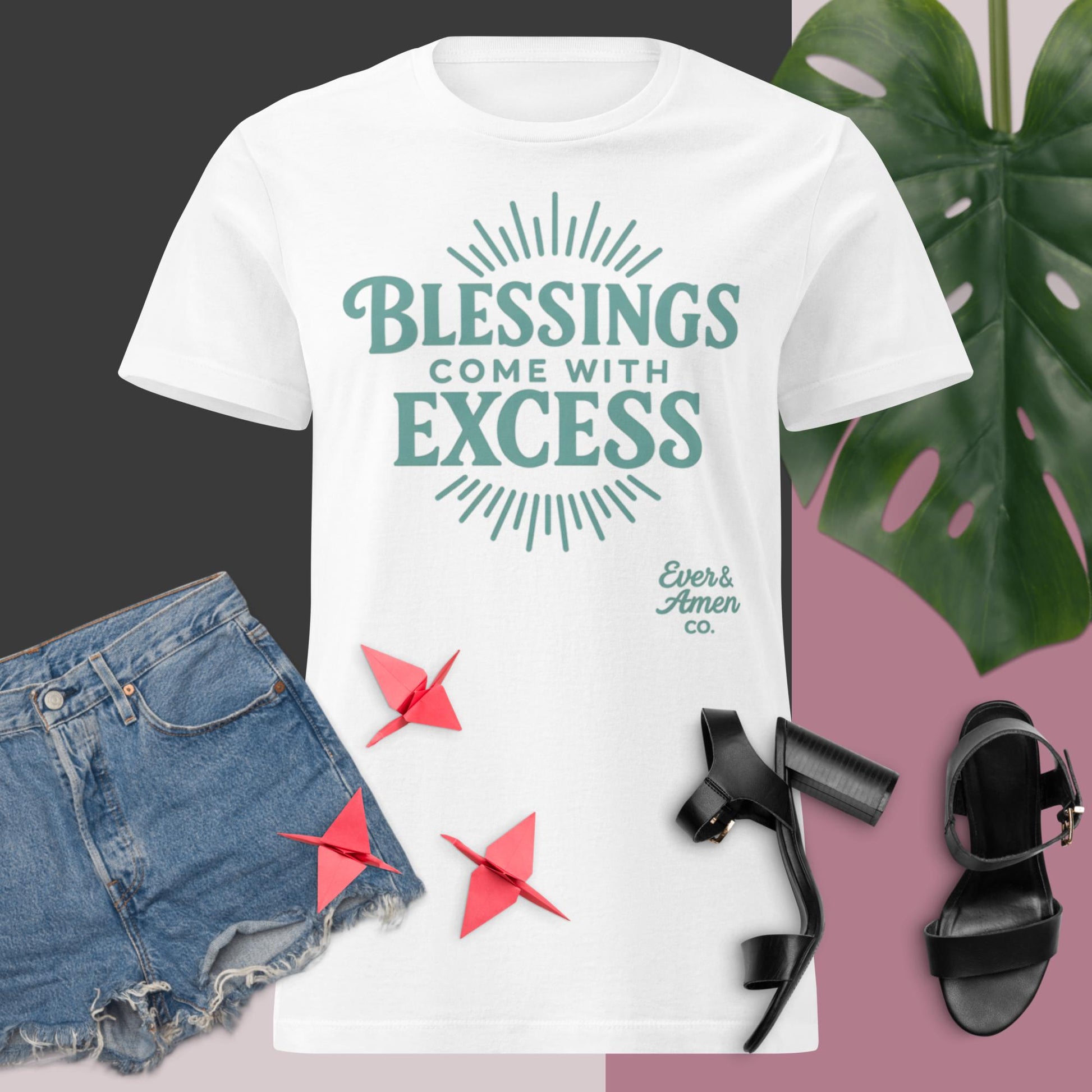 Women’s Christian graphic tee with the phrase “Blessings Come With Excess.” Soft, stylish faith-based shirt perfect for church, Bible study, or everyday wear. Inspirational apparel from Ever & Amen Co. designed to celebrate God’s overflowing goodness.