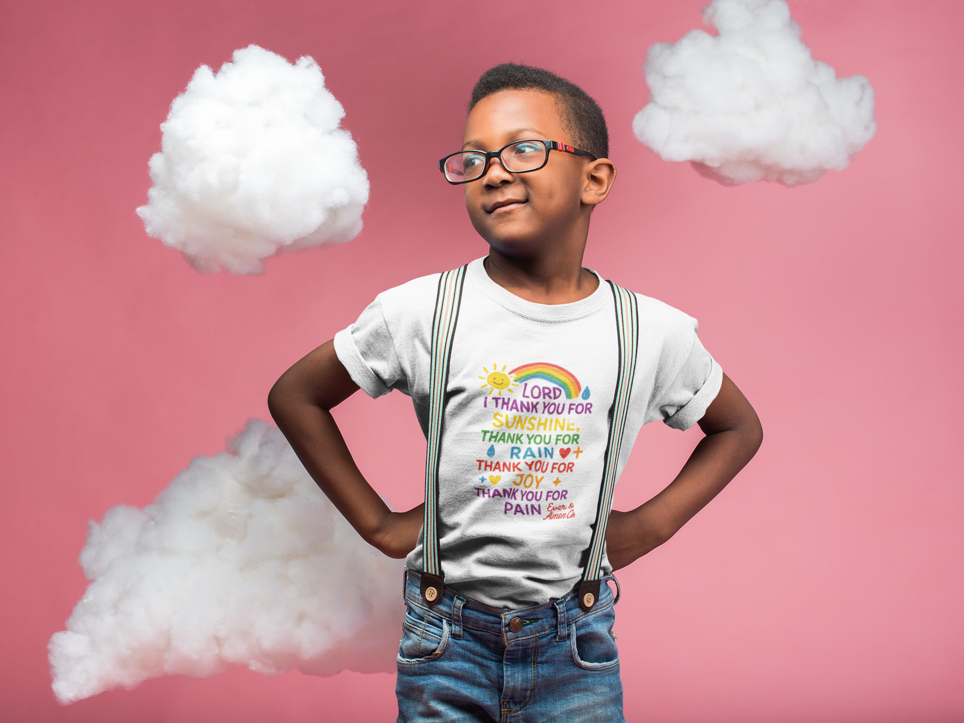 Children’s Christian graphic tee with the phrase “Thank You for Sunshine.” Bright and cheerful faith-based shirt celebrating gratitude and God’s blessings. Perfect for church, school, or everyday play. Designed by Ever & Amen Co