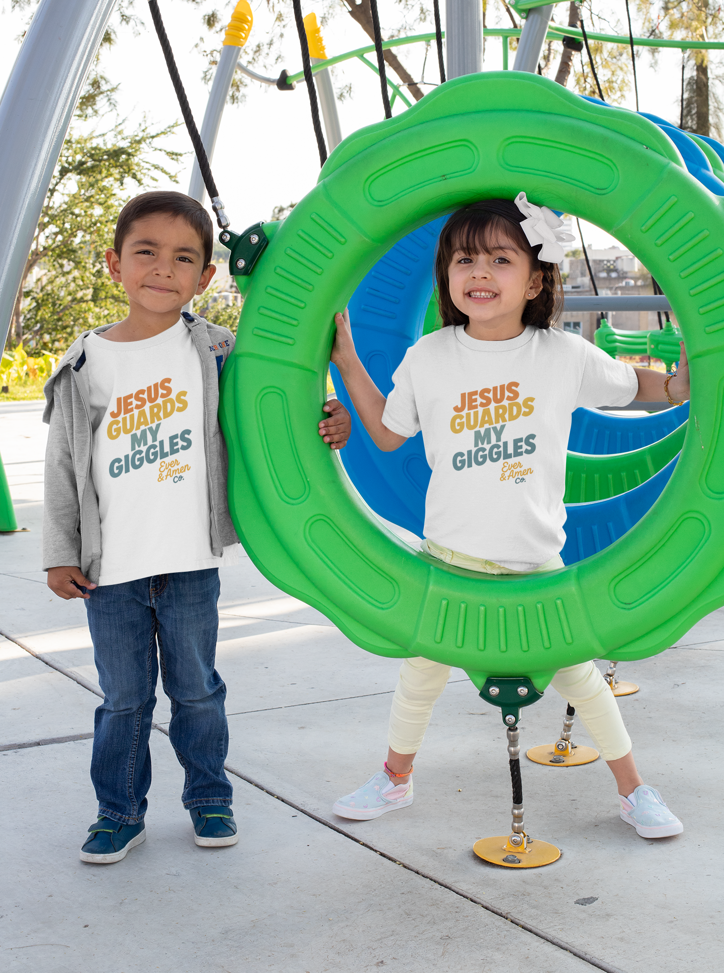 Children’s Christian graphic tee with the phrase “Jesus Guards My Giggles.” Fun and uplifting faith-based shirt reminding kids of God’s love and protection. Perfect for church, school, or everyday play. Created by Ever & Amen Co.