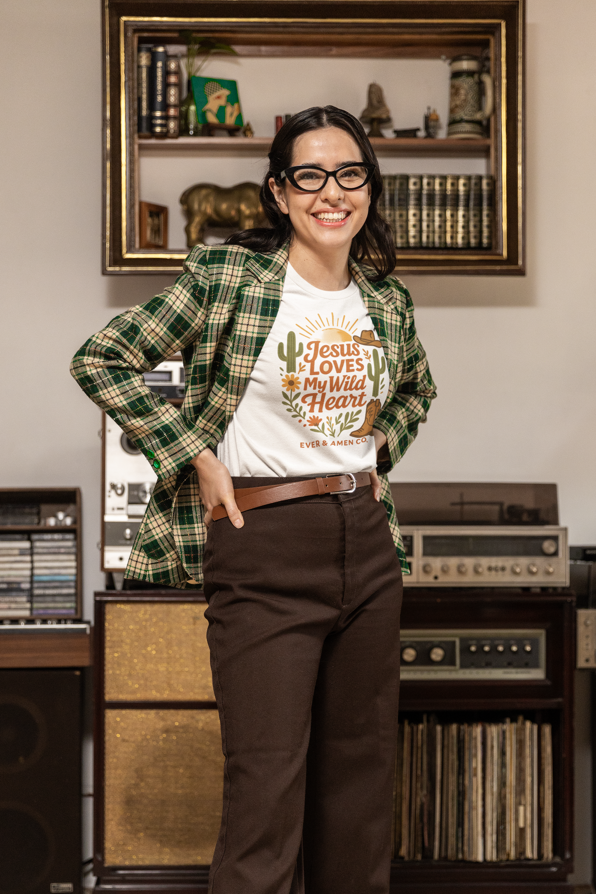 Ladies’ Christian graphic tee with the phrase “Jesus Loves My Wild Heart.” Soft, stylish, and faith-inspired shirt perfect for church, Bible study, or casual wear. Designed by Ever & Amen Co. to celebrate God’s love and individuality.