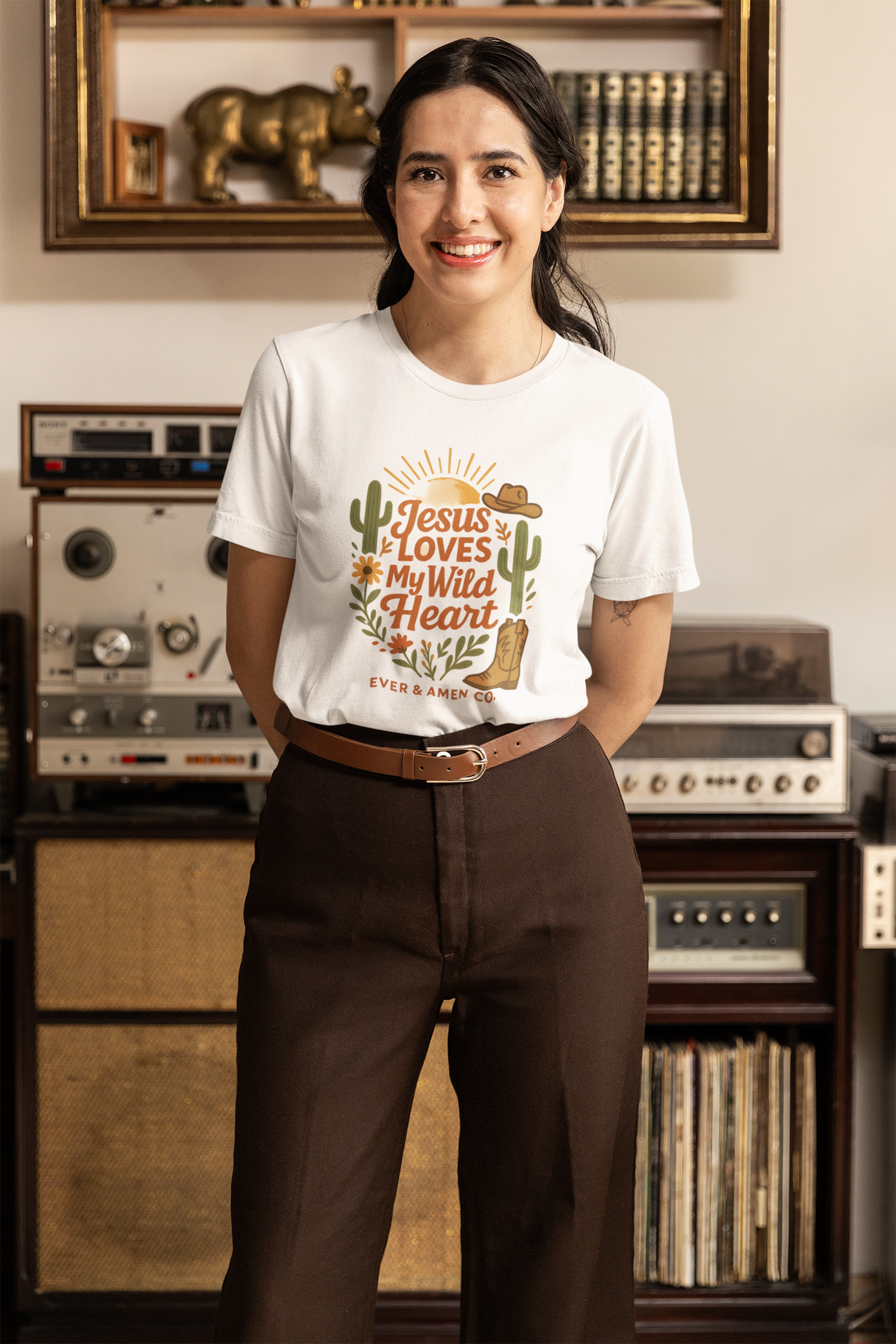Ladies’ Christian graphic tee with the phrase “Jesus Loves My Wild Heart.” Soft, stylish, and faith-inspired shirt perfect for church, Bible study, or casual wear. Designed by Ever & Amen Co. to celebrate God’s love and individuality.