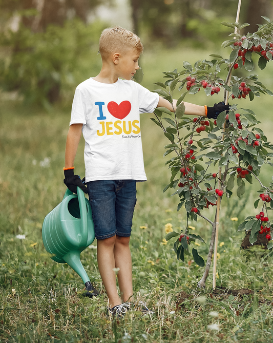 Kids Christian t-shirt with I Love Jesus design, unisex faith-based apparel for children
