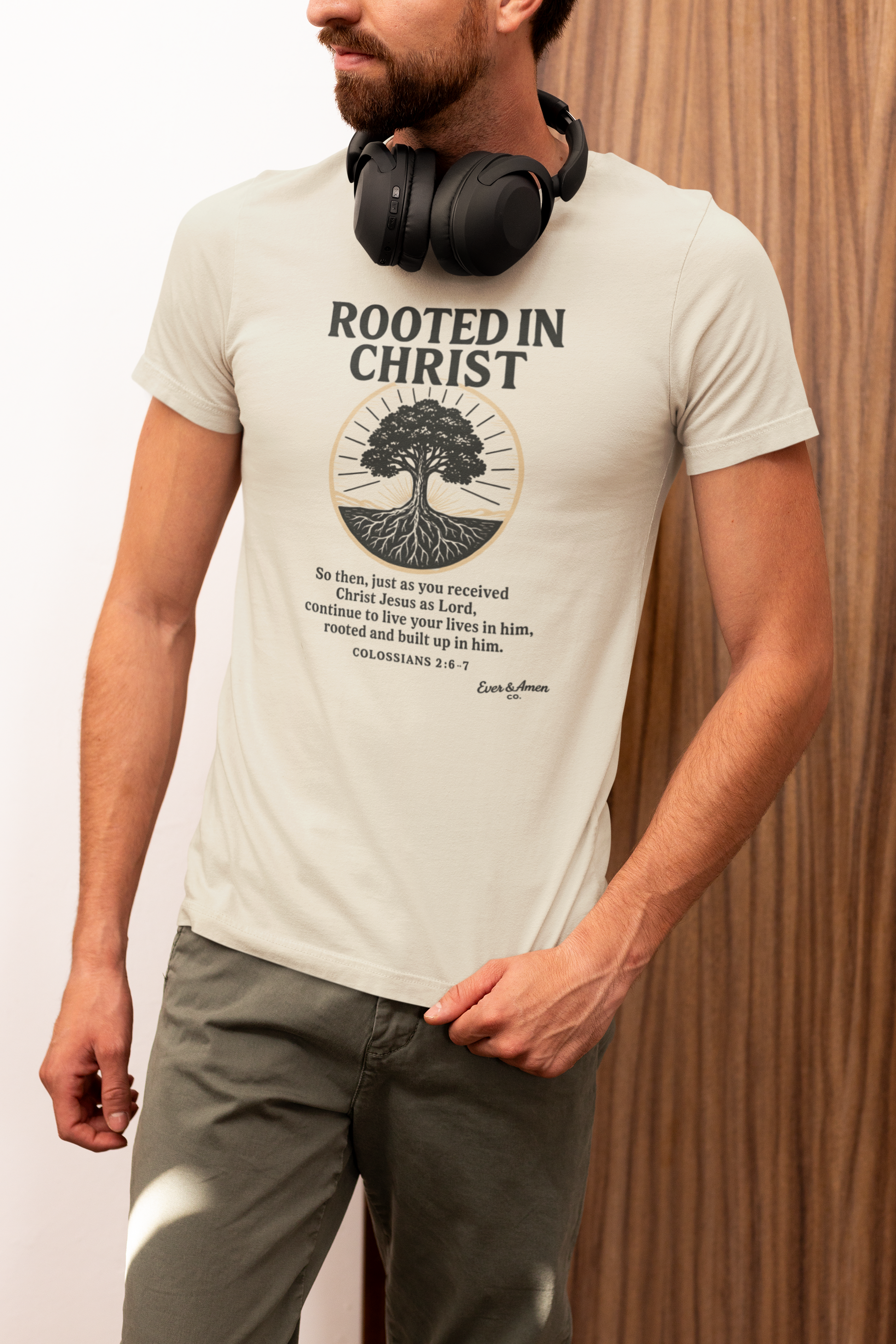 Show your faith with the Men’s “Rooted in Christ” Tee. A bold, comfortable Christian graphic shirt perfect for church, Bible study, or everyday wear. Designed by Ever & Amen Co.