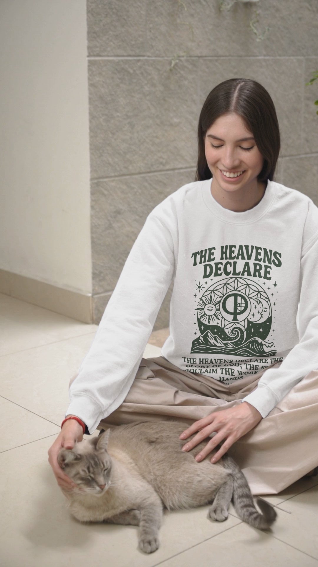 Unisex Christian crew neck sweatshirt with the phrase “The Heavens Declare,” inspired by Psalm 19:1 and the golden ratio. Soft, faith-based sweatshirt perfect for church, Bible study, or everyday wear. Designed by Ever & Amen Co.
