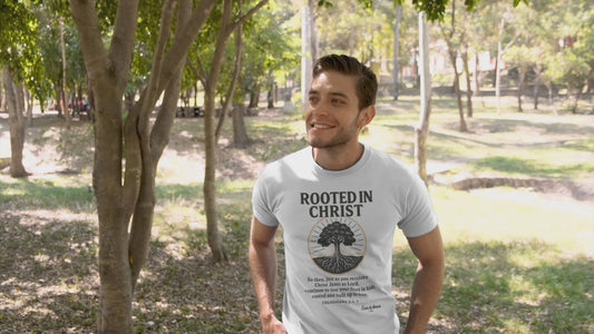 Show your faith with the Men’s “Rooted in Christ” Tee. A bold, comfortable Christian graphic shirt perfect for church, Bible study, or everyday wear. Designed by Ever & Amen Co.