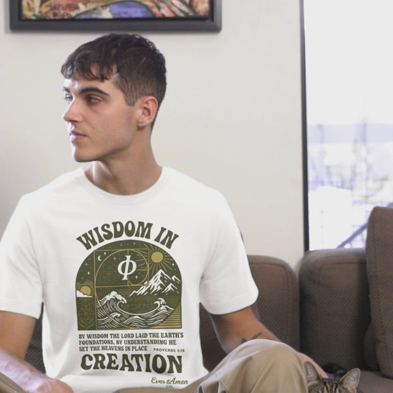 Oversized unisex Christian tee featuring sacred geometry and Proverbs 3:19, symbolizing God’s wisdom in creation