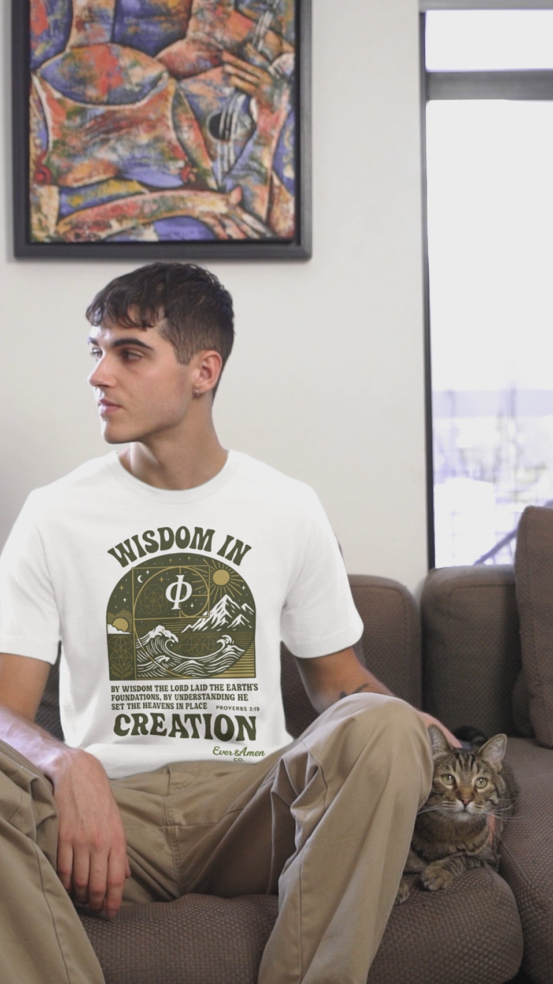 Oversized unisex Christian tee featuring sacred geometry and Proverbs 3:19, symbolizing God’s wisdom in creation