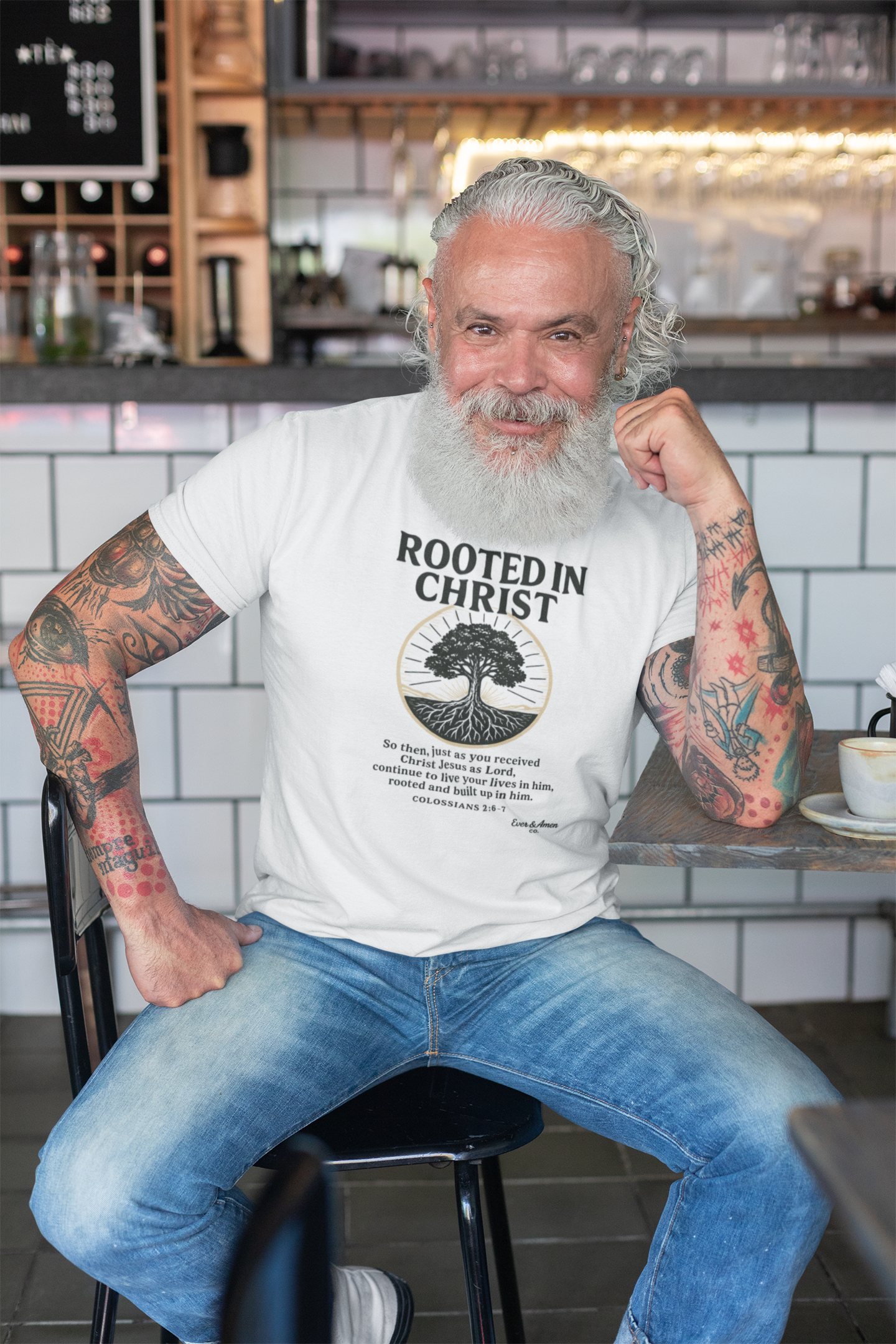 Show your faith with the Men’s “Rooted in Christ” Tee. A bold, comfortable Christian graphic shirt perfect for church, Bible study, or everyday wear. Designed by Ever & Amen Co.