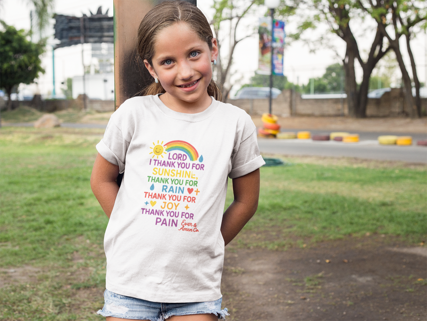 Children’s Christian graphic tee with the phrase “Thank You for Sunshine.” Bright and cheerful faith-based shirt celebrating gratitude and God’s blessings. Perfect for church, school, or everyday play. Designed by Ever & Amen Co