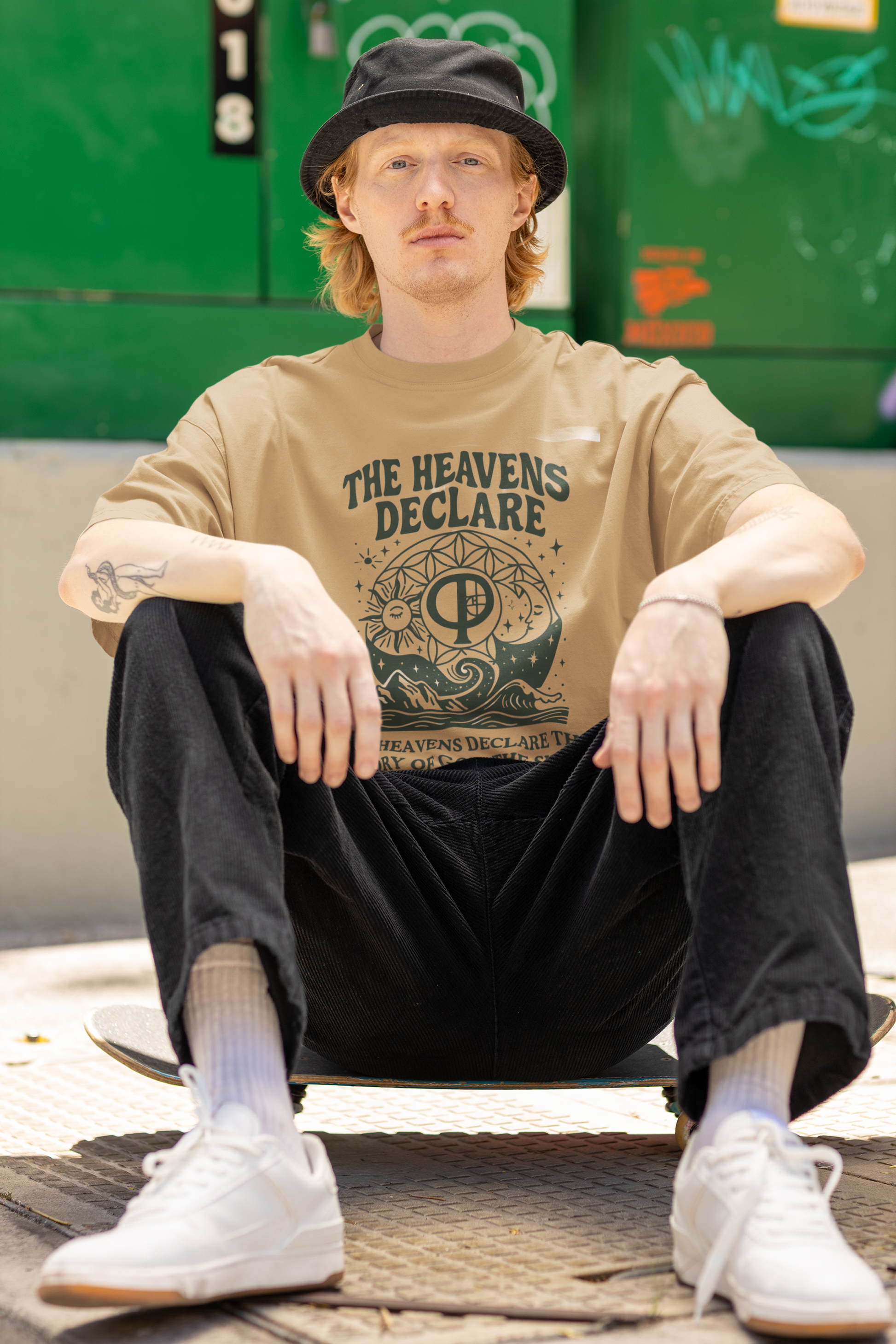 Oversized unisex Christian graphic tee with the phrase “The Heavens Declare,” inspired by Psalm 19:1 and the golden ratio. Soft, faith-based shirt perfect for modern Christian streetwear, church, or everyday wear. Designed by Ever & Amen Co.