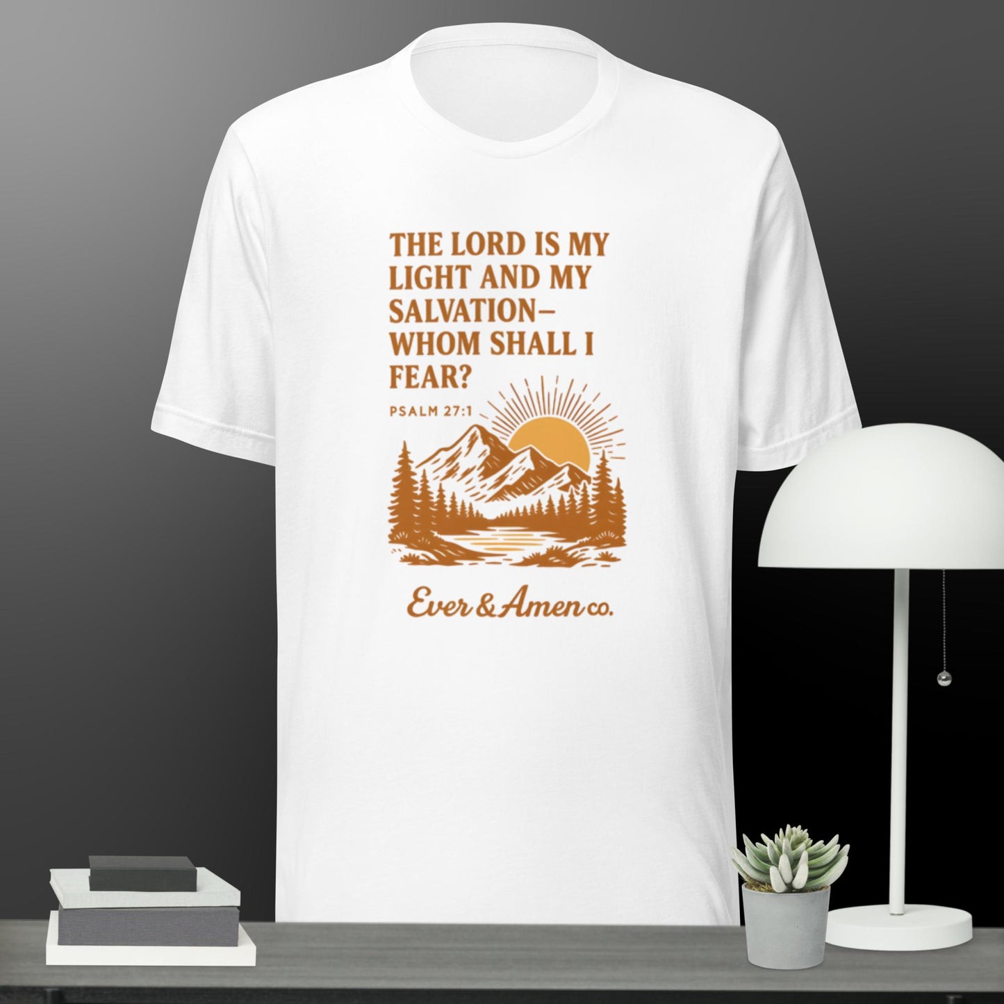 Men’s Christian graphic tee with the phrase “The Lord Is My Light.” Inspirational and faith-based shirt designed for everyday wear, church, or Bible study. A modern and meaningful piece from Ever & Amen Co.