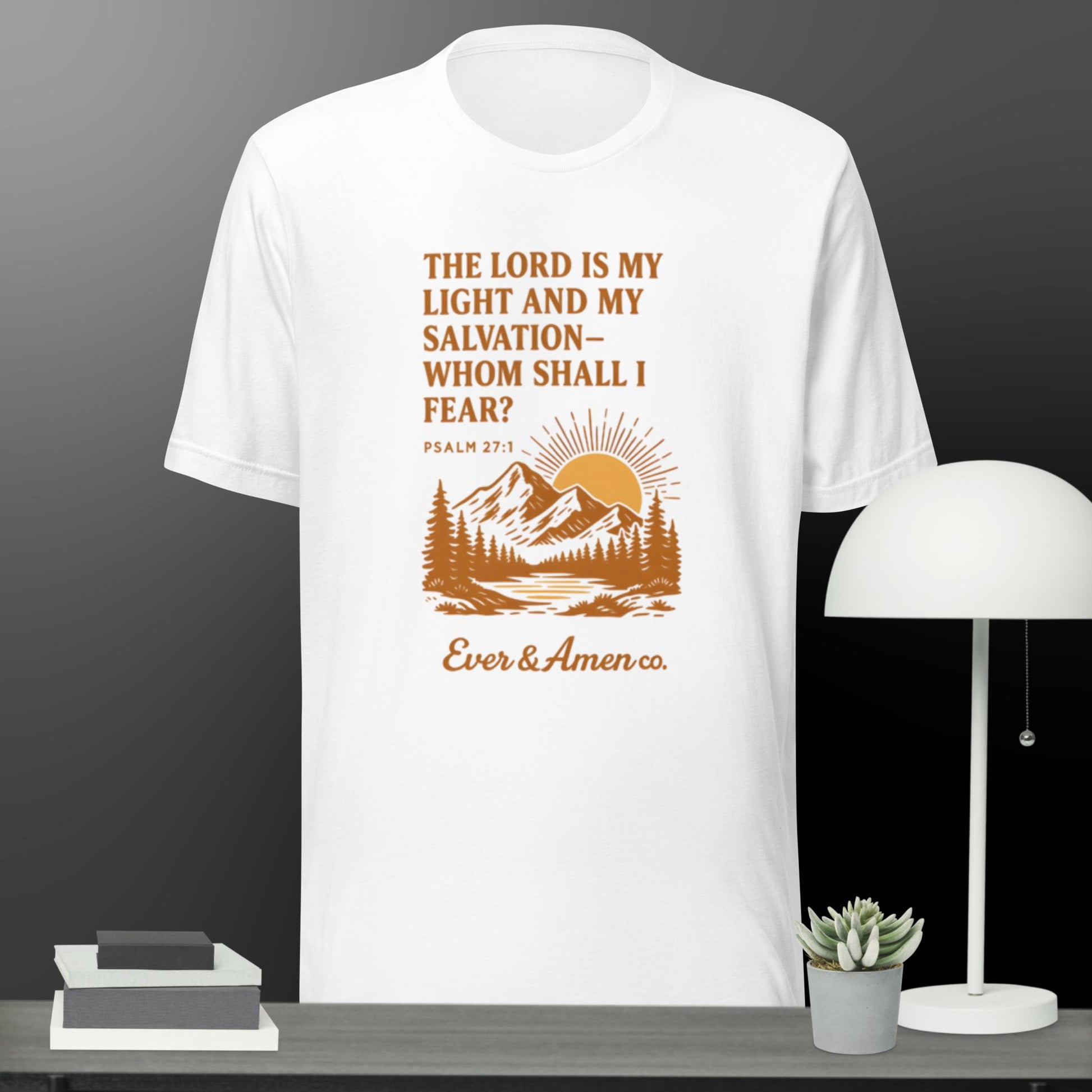Men’s Christian graphic tee with the phrase “The Lord Is My Light.” Inspirational and faith-based shirt designed for everyday wear, church, or Bible study. A modern and meaningful piece from Ever & Amen Co.