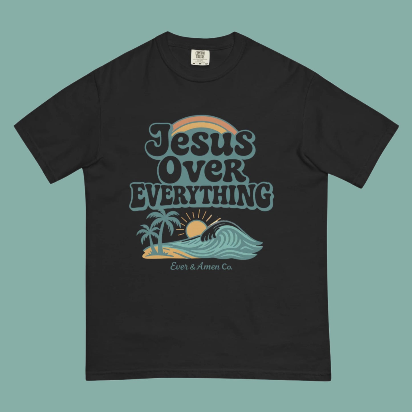 Faith-based graphic tee for men and women with “Jesus Over Everything” lettering