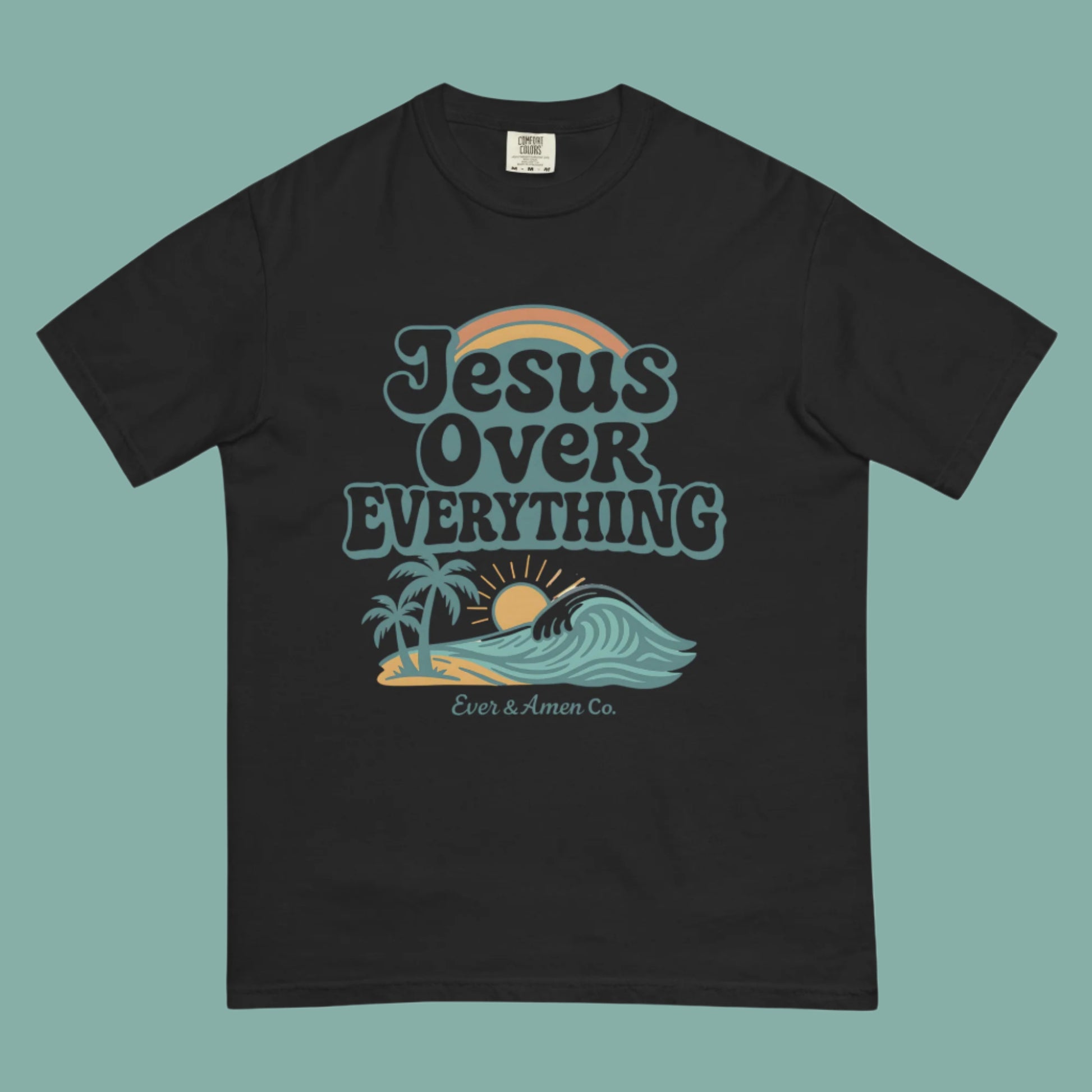 Faith-based graphic tee for men and women with “Jesus Over Everything” lettering