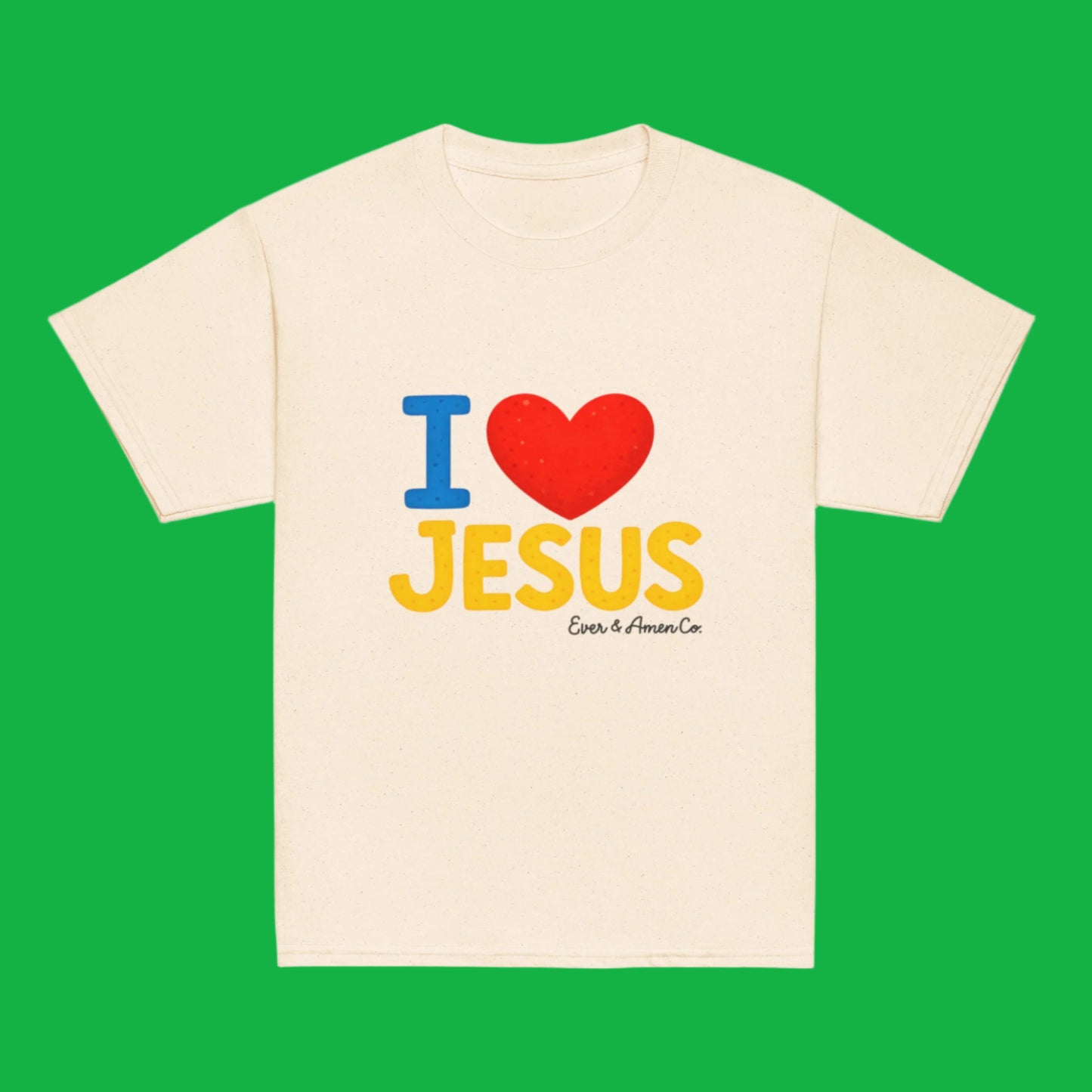 Soft cotton Christian t-shirt for kids featuring I Love Jesus design, perfect for church and play
