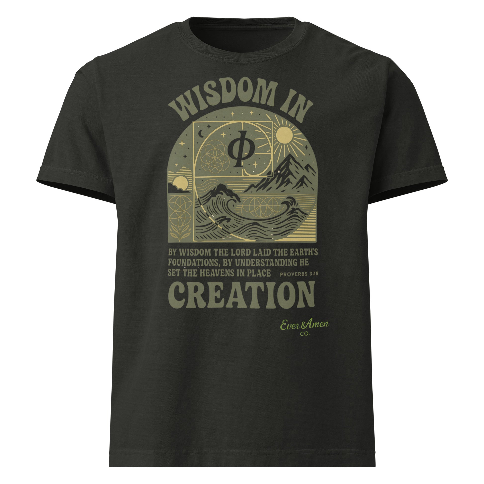 Proverbs 3:19 “Wisdom in Creation” tee with sacred design elements. Oversized fit for modern Christian style.
