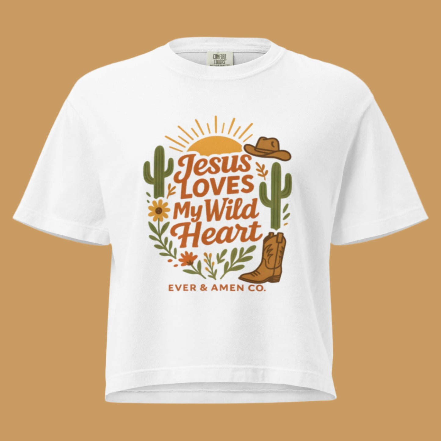 Ladies’ Christian graphic tee with the phrase “Jesus Loves My Wild Heart.” Soft, stylish, and faith-inspired shirt perfect for church, Bible study, or casual wear. Designed by Ever & Amen Co. to celebrate God’s love and individuality.