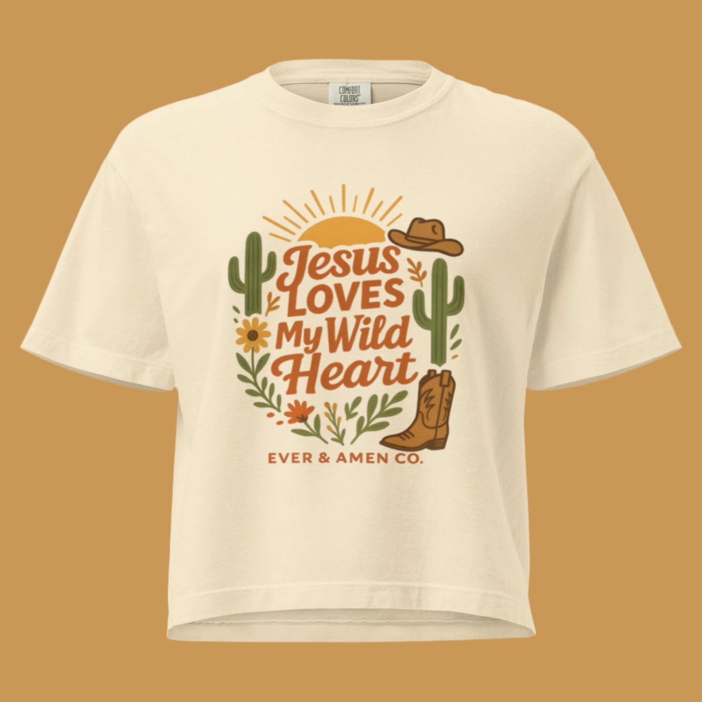 Ladies’ Christian graphic tee with the phrase “Jesus Loves My Wild Heart.” Soft, stylish, and faith-inspired shirt perfect for church, Bible study, or casual wear. Designed by Ever & Amen Co. to celebrate God’s love and individuality.